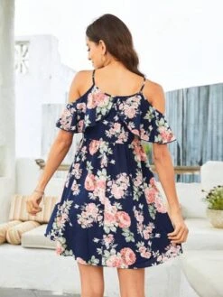 Maternity Floral Print Cold Shoulder Ruffle Trim Dress
