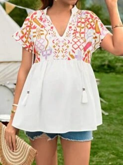 SHEIN Maternity Floral Print Tassel Tie Neck Dolman Sleeve Blouse