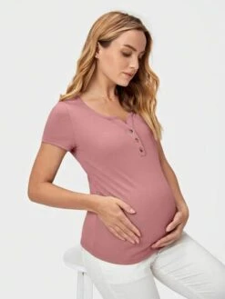 SHEIN Maternity Half Button Ribbed Knit Tee -SHEIN STORE 1682049540fbf68653f7eff1d6604d421767747d6f thumbnail 405x552