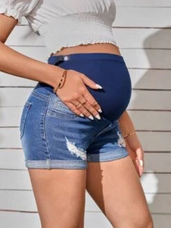 SHEIN Maternity Wideband Waist Ripped Frayed Roll Hem Denim Shorts -SHEIN STORE 168204966750766791553c09d2daaf483b5371b809 thumbnail 405x552