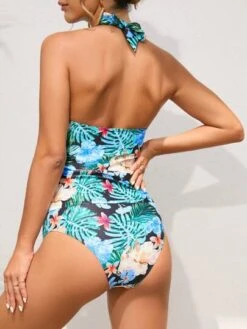SHEIN Maternity Tropical Print Ruffle Trim Halter One Piece Swimsuit
