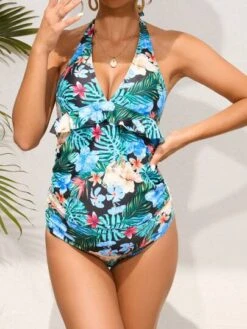 SHEIN Maternity Tropical Print Ruffle Trim Halter One Piece Swimsuit -SHEIN STORE 1683253617b682c859d537e950c8b2a33128129174 thumbnail 405x552