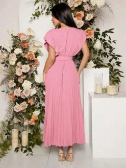 SHEIN Maternity Ruffle Trim Pleated Belted Dress