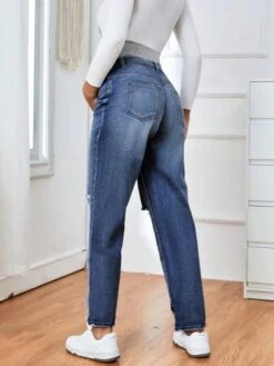 SHEIN Maternity Wideband Waist Ripped Frayed Straight Leg Jeans