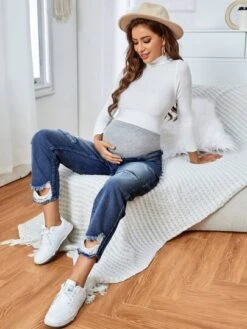 SHEIN Maternity Wideband Waist Ripped Frayed Straight Leg Jeans -SHEIN STORE 1683258424e3724facbf48a61348eb46d4259a5122 thumbnail 405x552