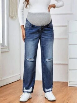 SHEIN Maternity Wideband Waist Ripped Frayed Straight Leg Jeans -SHEIN STORE 168325842741f06e535fdde8bc8bccaefe1f81f37c thumbnail 405x552