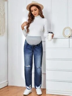 SHEIN Maternity Wideband Waist Ripped Frayed Straight Leg Jeans -SHEIN STORE 1683258429df2329e2aeb1145f63983497a8610f96 thumbnail 405x552