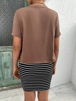 SHEIN Maternity Letter Graphic Tee & Striped Print Adjustable Waist Skirt