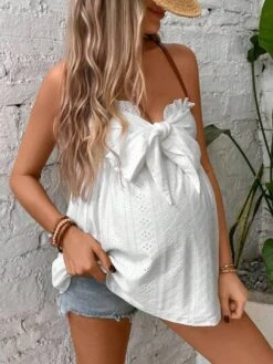 SHEIN Maternity Eyelet Embroidery Frill Trim Knot Front Tube Top -SHEIN STORE 168327347645d0f539eaab5b37baf8e837138b8e66 thumbnail 405x552