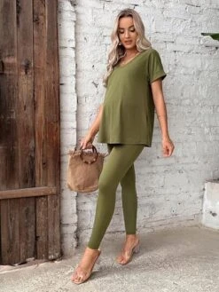 SHEIN Maternity Solid V Neck Tee & Adjustable Waist Leggings -SHEIN STORE 168386884032593ad09b64d6048b7d936a6cae25c0 thumbnail 405x552