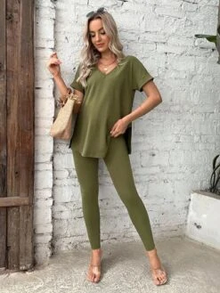 SHEIN Maternity Solid V Neck Tee & Adjustable Waist Leggings -SHEIN STORE 16838688528b59460909516c9e0a9dcff4d4d78eee thumbnail 405x552