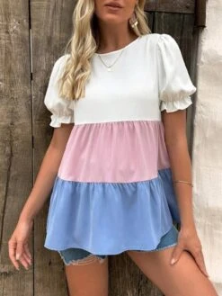 SHEIN Maternity Colorblock Puff Sleeve Peplum Blouse -SHEIN STORE 16839013821b99de1edbcfabc3fec5ba2d84154c24 thumbnail 405x552