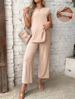 SHEIN Maternity Solid Tee & Adjustable Waist Pants -SHEIN STORE 16840836388c27b60b344b2446b620c2bed944df57 thumbnail 405x552