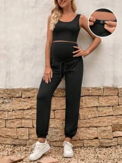 SHEIN Maternity Solid Crop Tank Top & Adjustable Waist Sweatpants -SHEIN STORE 16841155444de685a1b61e4696358408bdd78f1883 thumbnail 405x552