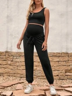 SHEIN Maternity Solid Crop Tank Top & Adjustable Waist Sweatpants -SHEIN STORE 1684115557fde9efbe0414122b1f93b188ab4ec1b9 thumbnail 405x552