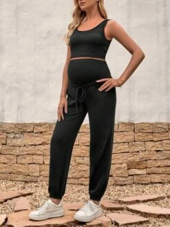 SHEIN Maternity Solid Crop Tank Top & Adjustable Waist Sweatpants -SHEIN STORE 1684115560bc769d4a21e511073f82659410d12ce7 thumbnail 405x552
