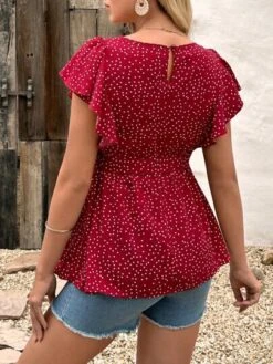 SHEIN Maternity Polka Dot Print Butterfly Sleeve Belted Nursing Blouse