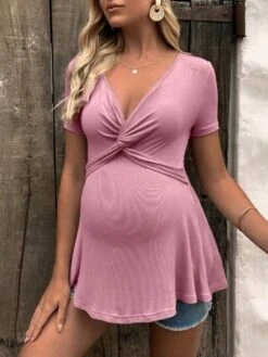 SHEIN Maternity Twist Front Solid Tee -SHEIN STORE 1684839541330cfd9fc3f90193c5e827f2d1ddbd1b thumbnail 405x552
