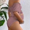 SHEIN Maternity Eyelet Embroidery Drawstring Front Ruffle Hem Off Shoulder Bikini Swimsuit
