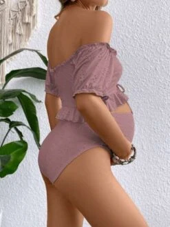 SHEIN Maternity Eyelet Embroidery Drawstring Front Ruffle Hem Off Shoulder Bikini Swimsuit