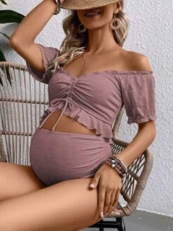 SHEIN Maternity Eyelet Embroidery Drawstring Front Ruffle Hem Off Shoulder Bikini Swimsuit -SHEIN STORE 16877424739f655f7fa9b880306b3a36cf9c881f52 thumbnail 405x552