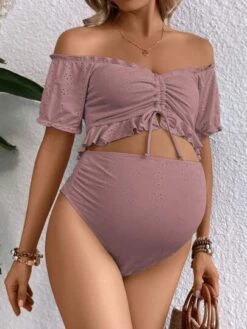 SHEIN Maternity Eyelet Embroidery Drawstring Front Ruffle Hem Off Shoulder Bikini Swimsuit -SHEIN STORE 1687742483ed2daa78fe1e68592f3113490833c692 thumbnail 405x552