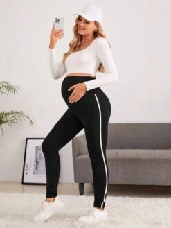 SHEIN Maternity Adjustable Waist Contrast Tape Side Leggings -SHEIN STORE 168810665502ec4cfeb9a3e04a989302937f3f6bad thumbnail 405x552