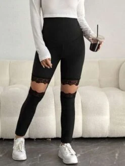 SHEIN Maternity Adjustable Waist Contrast Lace Cutout Leggings -SHEIN STORE 168915410327f00c757b45963fd1f4ec9e8539551e thumbnail 405x552
