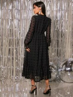 SHEIN Maternity Swiss Dot Tie Neck Flounce Sleeve Ruffle Hem Dress